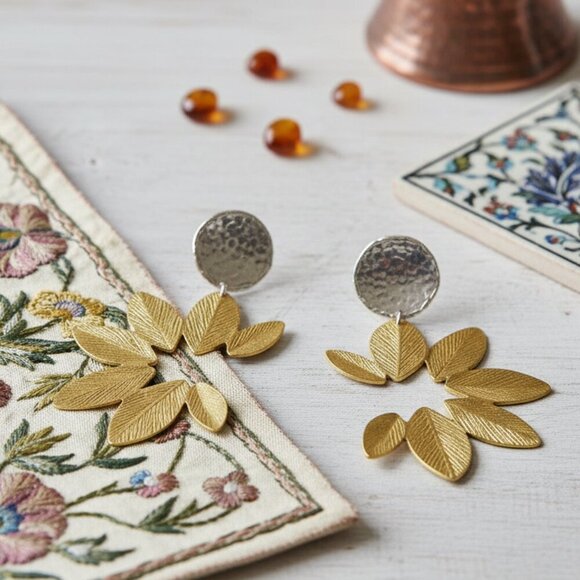 Turkish Stunning Handmade Artisan 18K Gold Plated Brass Fine Leaf Earrings - Picture 3 of 11